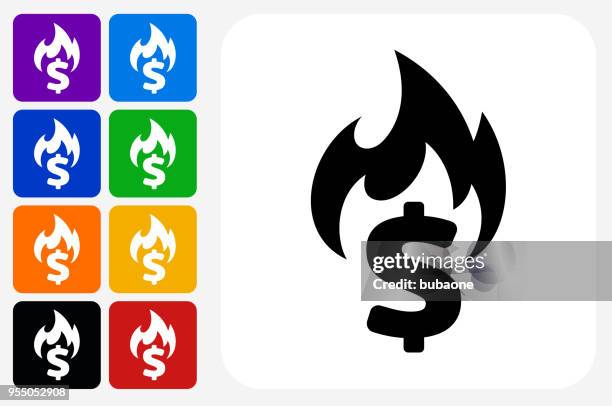 burning money icon square button set - multi currency stock illustrations
