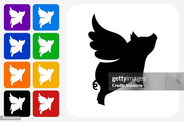flying pig icon square button set - flying pig stock illustrations