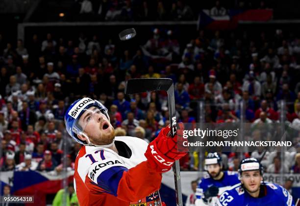 Czech Republic's Filip Hronek eyes the puck during the group A match Czech Republic vs Slovakia of the 2018 IIHF Ice Hockey World Championship at the...