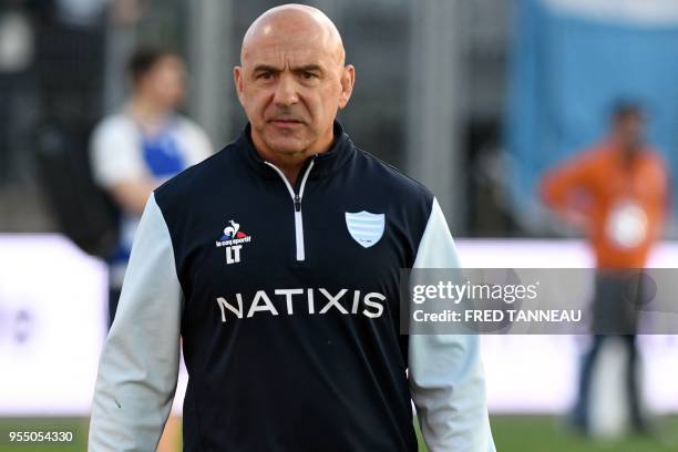 Racing 92's French coach Laurent Travers looks on during the French Top 14 rugby union match between Racing 92 and SU Agen, at La Rabine Stadium in...