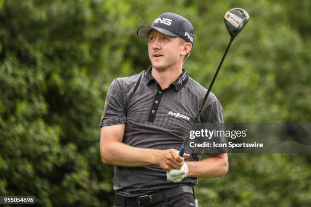 Mackenzie Hughes tees off during the 3rd round of the Wells Fargo Championship on May 05, 2018 at Quail Hollow Club in Charlotte, NC.