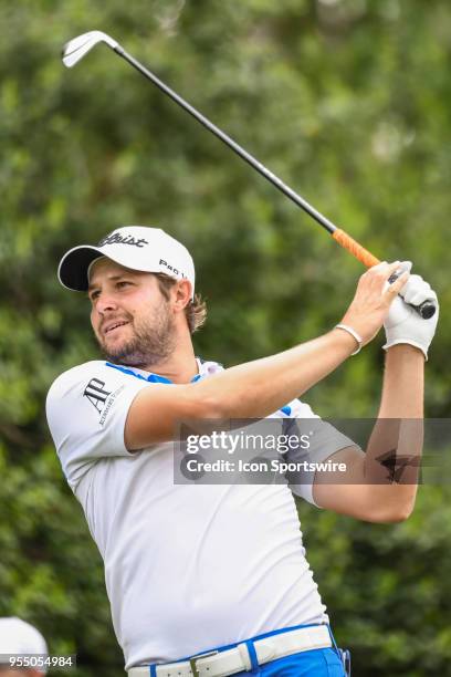 Peter Ulhein tees off during the 3rd round of the Wells Fargo Championship on May 05, 2018 at Quail Hollow Club in Charlotte, NC.