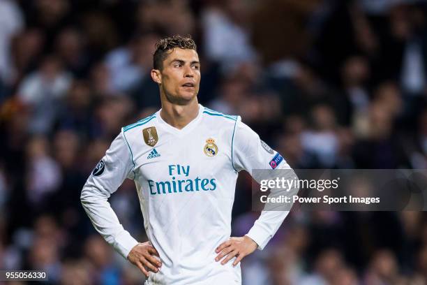 Cristiano Ronaldo of Real Madrid reacts during the UEFA Champions League Semi Final Second Leg match between Real Madrid and Bayern Muenchen at the...