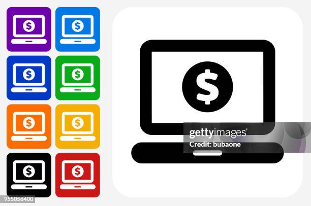 laptop coin icon square button set - computer screens multiple stock illustrations