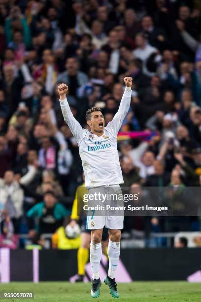 Cristiano Ronaldo of Real Madrid celebrates at the full time during the UEFA Champions League Semi Final Second Leg match between Real Madrid and...