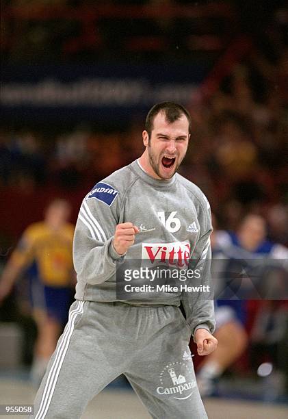 Thierry Omeyer of France celebrates victory after the World Handball Championship final match against Sweden played in Paris, France. France won the...