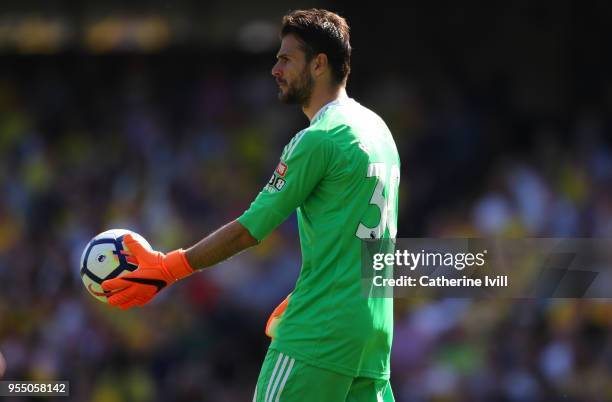 Orestis Karnezis of Watford during the Premier League match between Watford and Newcastle United at Vicarage Road on May 5, 2018 in Watford, England.