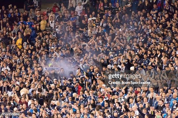 Melbourne Victory crowd at the A-League Grand Final Soccer Match between Newcastle Jets and Melbourne Victory on May 5, 2018 at McDonald Jones...