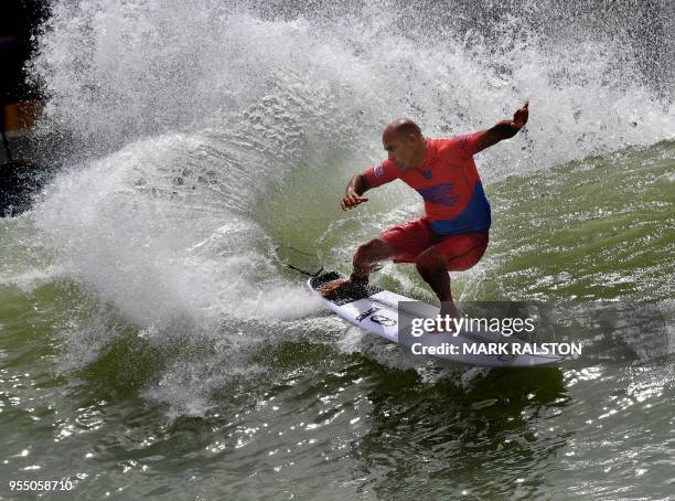 Kelly Slater of the US, does a cutback during round one of the World Surf League Founders' Cup of Surfing at the Kelly Slater Surf Ranch in Lemoore,...