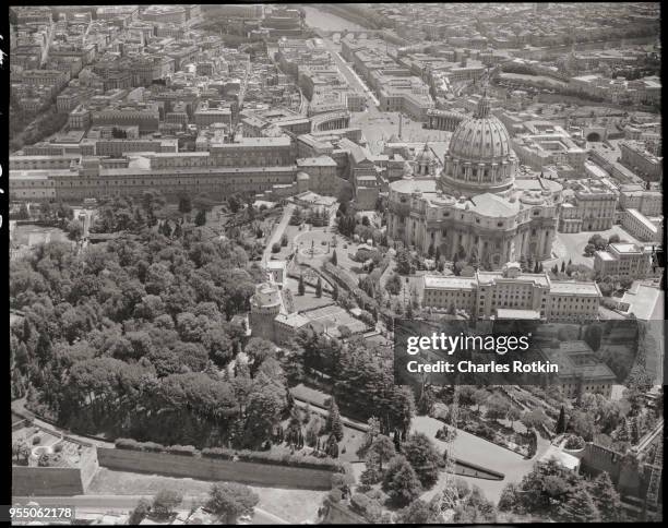 Vatican city with prominent view of vatican gardens, circa 1950, Vatican City.