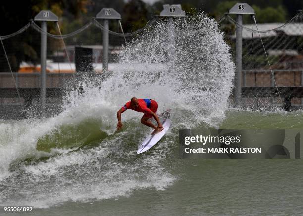 Kelly Slater of the US surfs during round one of the World Surf League Founders' Cup of Surfing at the Kelly Slater Surf Ranch in Lemoore,...