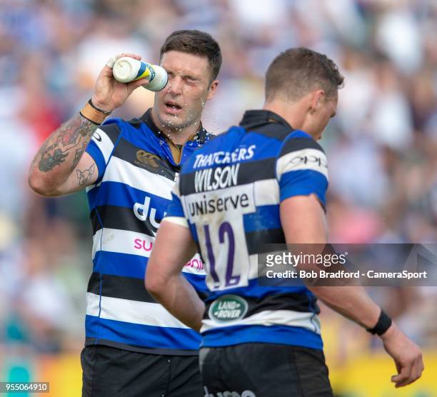 Bath Rugby's Matt Banahan refreshes himself during the Aviva Premiership match between Bath Rugby and London Irish at Recreation Ground on May 5,...