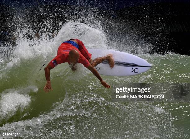 Kelly Slater of the US, surfs off the lip during round one of the World Surf League Founders' Cup of Surfing at the Kelly Slater Surf Ranch in...