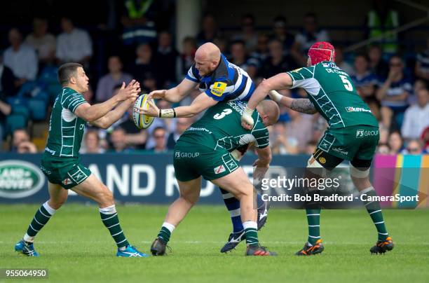 Bath Rugby's Matt Garvey is tackled by London Irish's Oli Hoskins during the Aviva Premiership match between Bath Rugby and London Irish at...