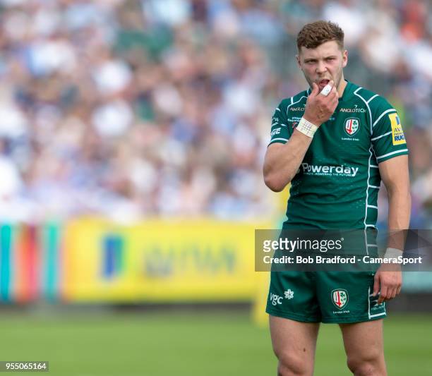London Irish's Theo Brophy Clews during the Aviva Premiership match between Bath Rugby and London Irish at Recreation Ground on May 5, 2018 in Bath,...