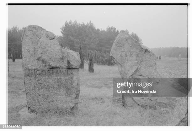 Inscribed symbolic grave markers at the treblinka extermination camp memorial by adam haupt and franciszek duszenko, 1988.