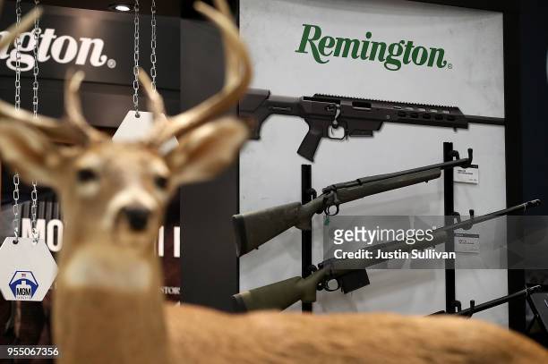 Remington rifles are displayed during the NRA Annual Meeting & Exhibits at the Kay Bailey Hutchison Convention Center on May 5, 2018 in Dallas,...