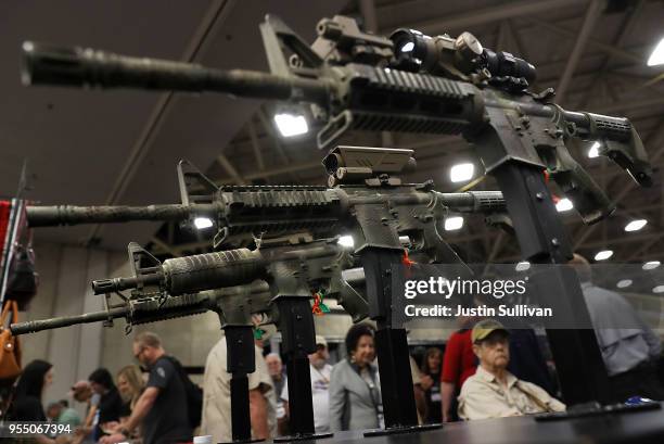 Rifles are displayed during the NRA Annual Meeting & Exhibits at the Kay Bailey Hutchison Convention Center on May 5, 2018 in Dallas, Texas. The...