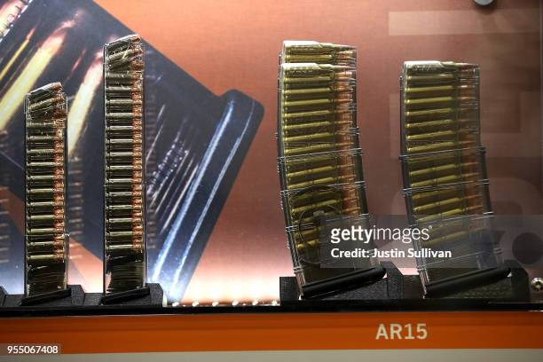 Ammunition for an AR15 rifle is displayed during the NRA Annual Meeting & Exhibits at the Kay Bailey Hutchison Convention Center on May 5, 2018 in...