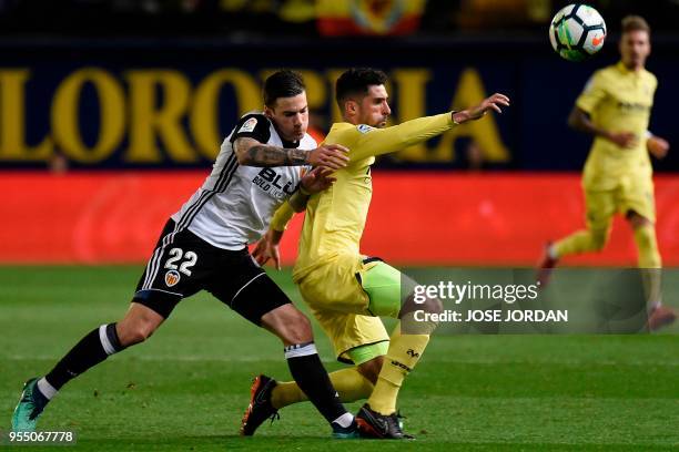 Valencia's Spanish forward Santi Mina challenges Villarreal's Spanish defender Alvaro Gonzalez during the Spanish league football match between...