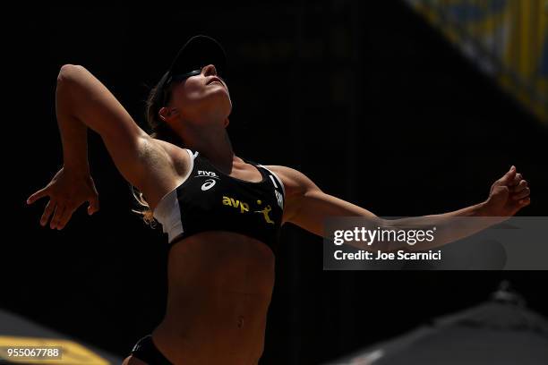 Heather Bansley of Canada serves the ball during the match against Brooke Sweat and Lauren Fendrick of USA at the Huntington Beach Open on May 5,...