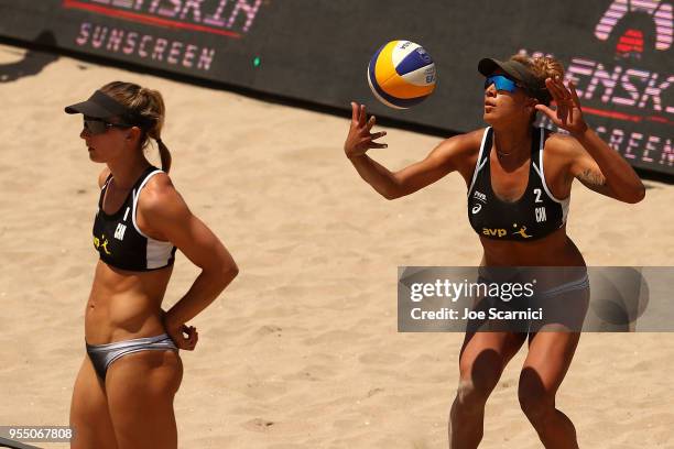 Heather Bansley and Brandie Wilkerson of Canada serve the ball during the match against Brooke Sweat and Lauren Fendrick of USA at the Huntington...