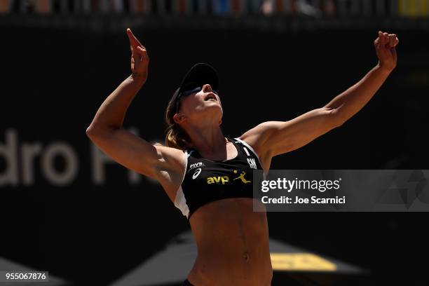 Heather Bansley of Canada serves the ball during the match against Brooke Sweat and Lauren Fendrick of USA at the Huntington Beach Open on May 5,...