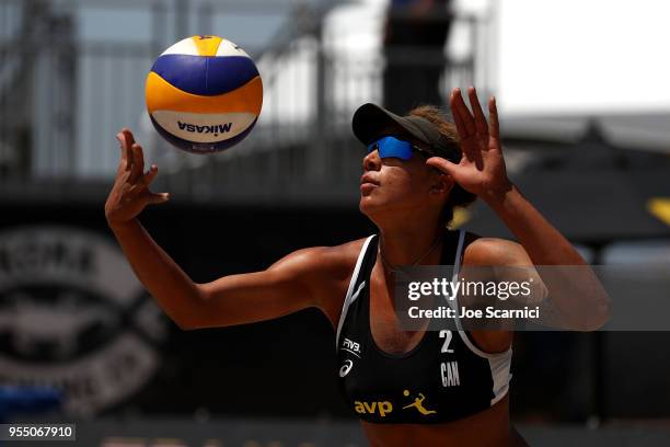 Brandie Wilkerson of Canada serves the ball during the match against Brooke Sweat and Lauren Fendrick of USA at the Huntington Beach Open on May 5,...