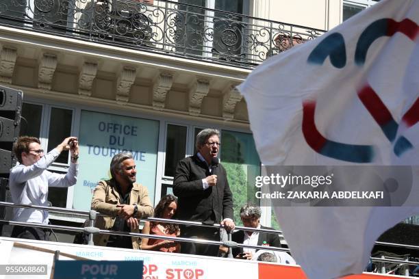 Leader of French left-wing party La France Insoumise Jean-Luc Melenchon flanked by LFI MP Alexis Corbiere , speaks during a protest dubbed a "Party...