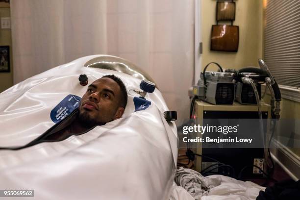 Rashad Jennings, a running back with the New York Giants. Jennings often works with a muscle activation techniques specialist, who employs a method...