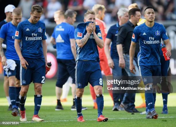 Lewis Holtby of Hamburg shows his disappointment during the Bundesliga match between Eintracht Frankfurt and Hamburger SV at Commerzbank-Arena on May...