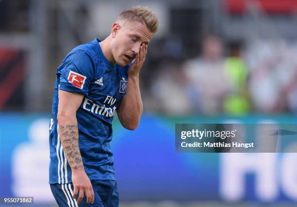 Lewis Holtby of Hamburg shows his disappointment during the Bundesliga match between Eintracht Frankfurt and Hamburger SV at Commerzbank-Arena on May...
