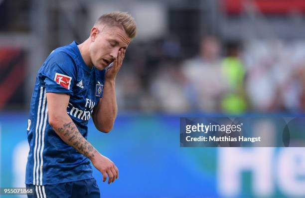 Lewis Holtby of Hamburg shows his disappointment during the Bundesliga match between Eintracht Frankfurt and Hamburger SV at Commerzbank-Arena on May...