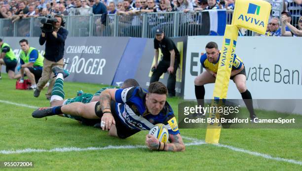 Bath Rugby's Matt Banahan scores his third try during the Aviva Premiership match between Bath Rugby and London Irish at Recreation Ground on May 5,...