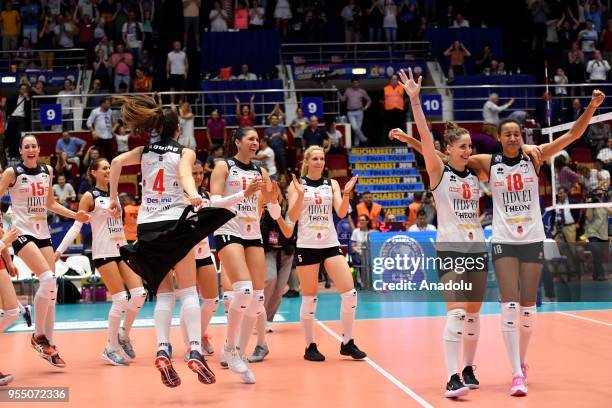 Volei Alba Blaj's Tijana Malesevic, Nneka Onyejekwe and Natasa Krsmanovic celebrate after winning Semifinal 2 between CS Volei Alba Blaj and...