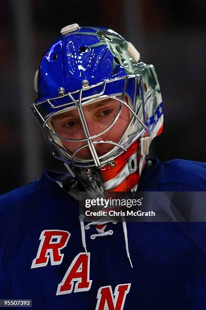 Goalkeeper Chad Johnson of the New York Rangers waits for play to resume against the Philadelphia Flyers during their game on December 30, 2009 at...