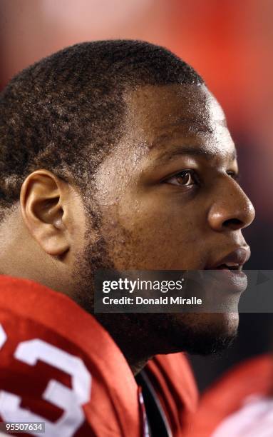 Defensive Tackle Ndamukong Suh of the University of Nebraska Cornhuskers looks on from the sidelines against the University of Arizona Wildcats...