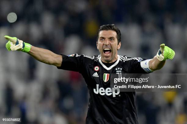 Juventus goalkeeper Gianluigi Buffon celebrates after the goal of his teammate Sami Khedira during the serie A match between Juventus and Bologna FC...