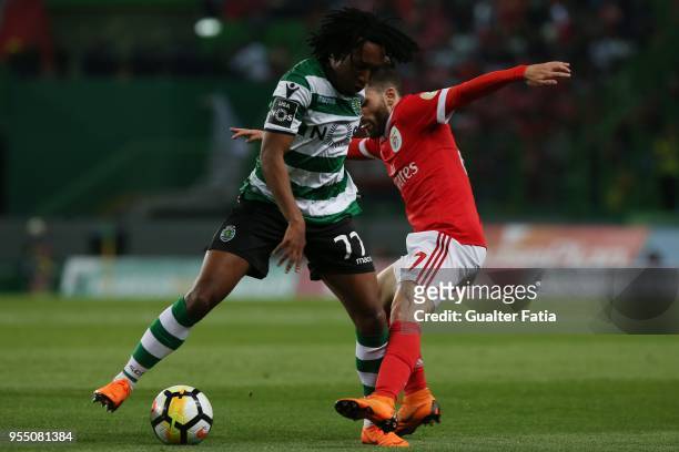 Sporting CP forward Gelson Martins from Portugal with SL Benfica forward Rafa Silva from Portugal in action during the Primeira Liga match between...