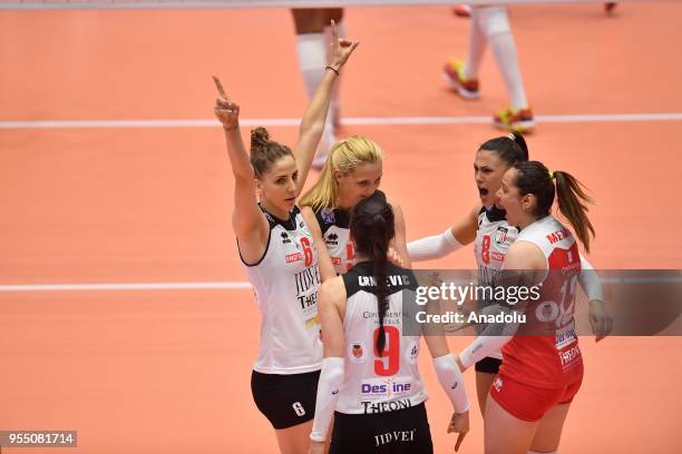 Volei Alba Blaj's Petya Barakova and Tijana Malesevic celebrate during Semifinal match between CS Volei Alba Blaj and Galatasaray within the CEV...