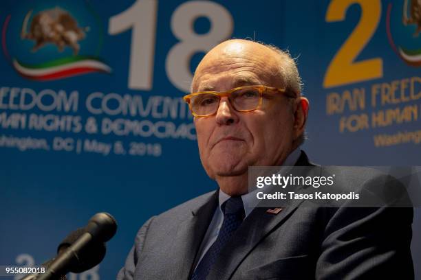 Latest appointee to President Donald Trump's legal team and former Mayor of New York City Rudy Giuliani takes questions from the media after speaking...