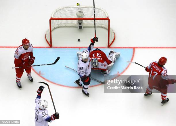 Cam Atkinson of United States celebrate with team mate Dylan Larkin after he scores the 3rd goal during the 2018 IIHF Ice Hockey World Championship...