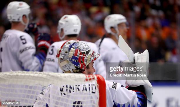 Keith Kinkaid, goaltender of United States looks on during the 2018 IIHF Ice Hockey World Championship group stage game between Denmark and United...