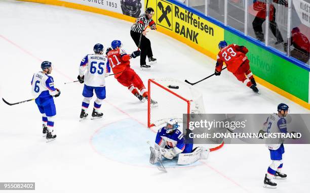 Czech Republic's Dmitrij Jaskin celebrates after scoring the game-winning goal past Slovakia's goalie Marek Ciliak during the 2018 IIHF Men's Ice...