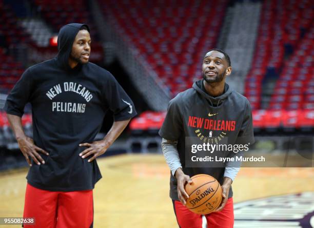 New Orleans Pelicans Ian Clark and Darius Miller shoot free throws after practice as his team prepares for Game Four of the NBA Western Conference...