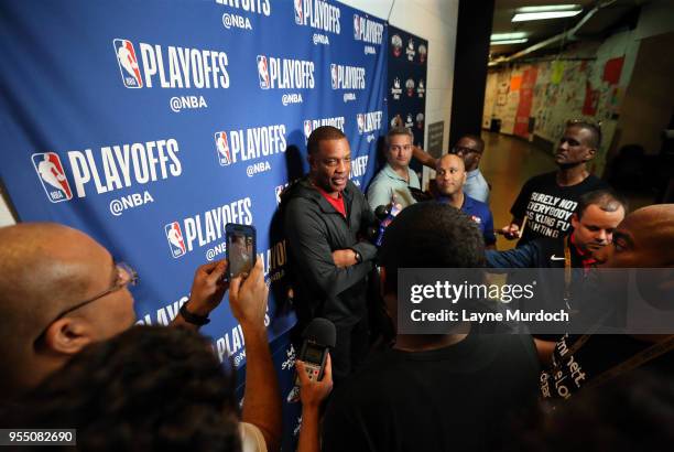 New Orleans Pelicans head coach Alvin Gentry speaks to the media after practice as his team prepares for Game Four of the NBA Western Conference...