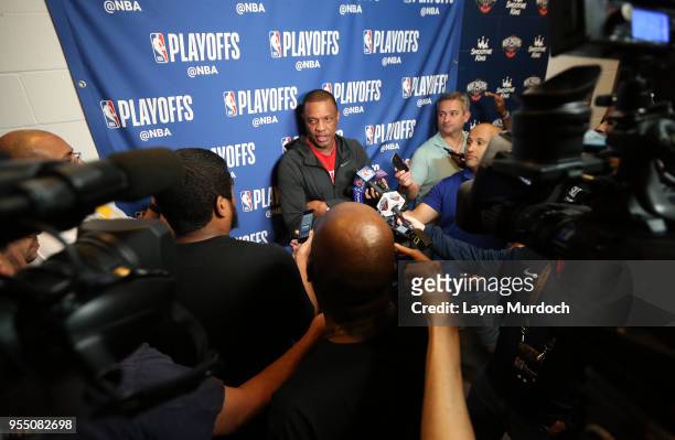 New Orleans Pelicans head coach Alvin Gentry speaks to the media after practice as his team prepares for Game Four of the NBA Western Conference...
