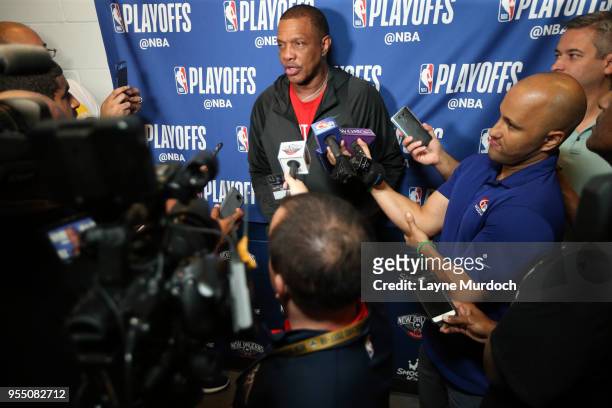 New Orleans Pelicans head coach Alvin Gentry speaks to the media after practice as his team prepares for Game Four of the NBA Western Conference...
