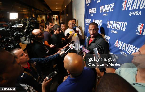 New Orleans Pelicans head coach Alvin Gentry speaks to the media after practice as his team prepares for Game Four of the NBA Western Conference...