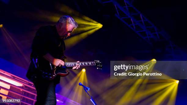 Bernard Sumner of English band New Order performs live featuring artist Liam Gillick at OGR Officine Grandi Riparazioni on May 5, 2018 in Turin,...